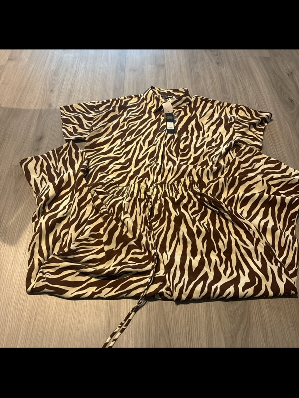Zebra Print Short Sleeve Two Piece Set in Brown and Cream